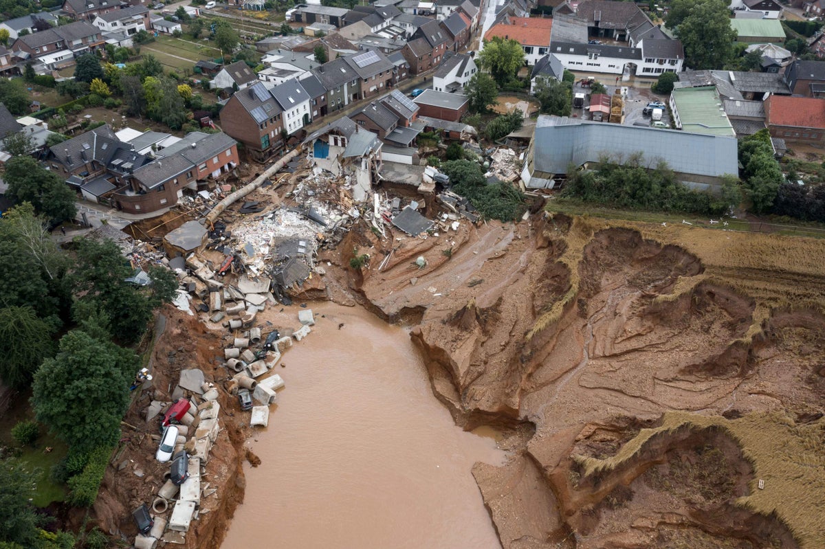 Aerial view shows an area completely destroyed by floods in Germany.