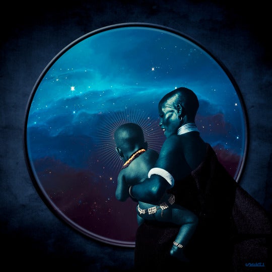 A woman and her haloed baby look through a window at a field of stars. Afrofuturist photo manipulation by SReal.