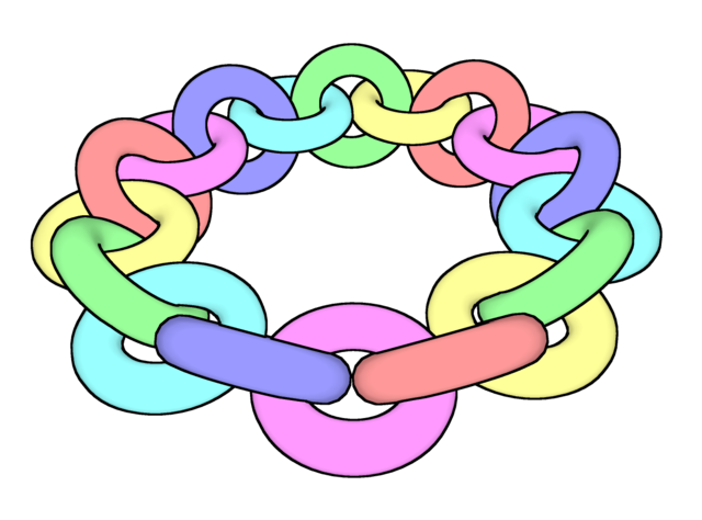 A multicolored chain made of 18 links.