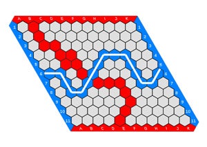 An 11x11 parallelogram of regular hexagons. Most hexagons are gray. There are red regions outside the upper and lower edges and blue regions outside the left and right edges. There is an unbroken chain of blue hexagons connecting the left and right sides of the board. Some hexagons are colored red, but they do not form an unbroken chain connecting the top to the bottom.