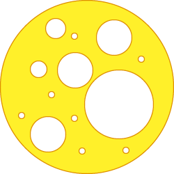 A yellow disc with several white circular holes punched out of it.