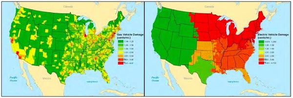 Estimated damages for gas (left) and electric (right) cars by U.S. county; the damages range from roughly 1 to 5 cent(s) per mile on each side, green to red. (Holland et al, 2015, NBER)