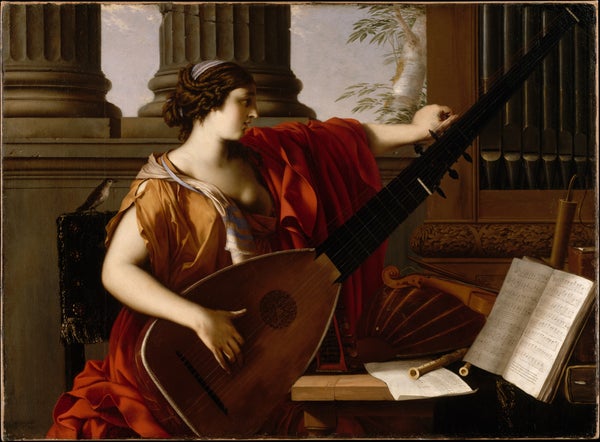 An oil painting showing a woman tuning a stringed instrument with a pipe organ in the background and sheet music in front of her