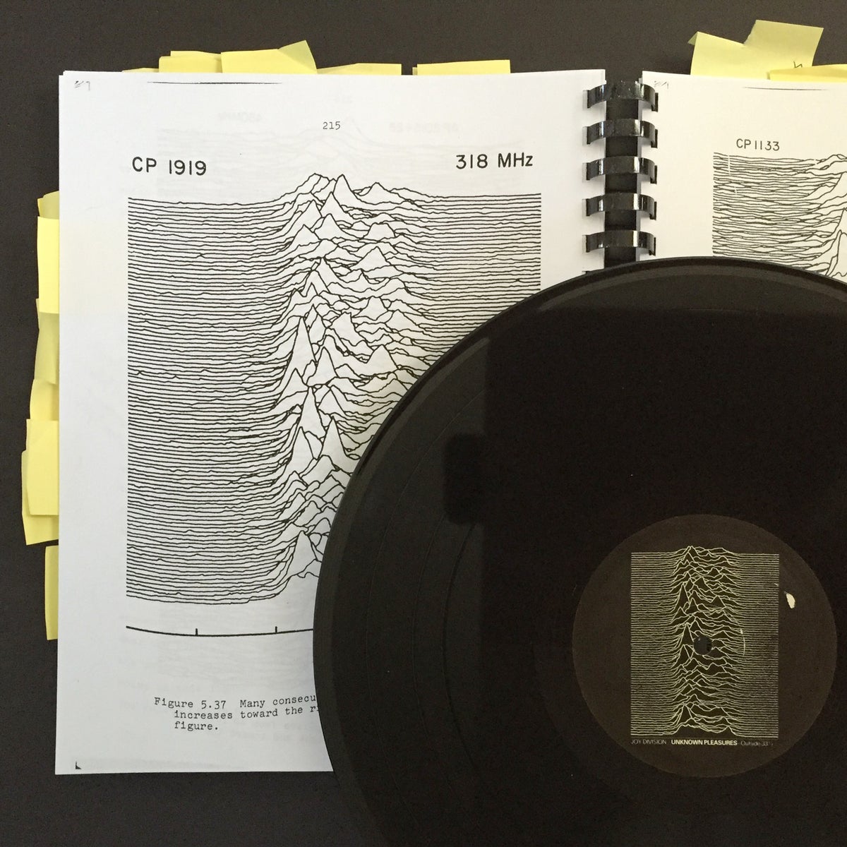 The original stacked-pulse plot of PSR B1919+21, photographed by Scientific American