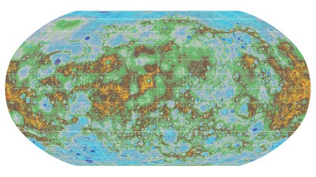 Image shows a full-color topographic map of Mercury. Colors range from blues (lows) to purples, greens, browns, and oranges. The blue gives an idea of what Mercury's seas and continents might look like if it had water. The whole thing is pockmarked with r