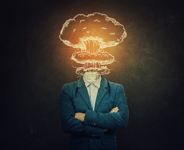 Illustration of a man's body wearing a suit with exploding head.