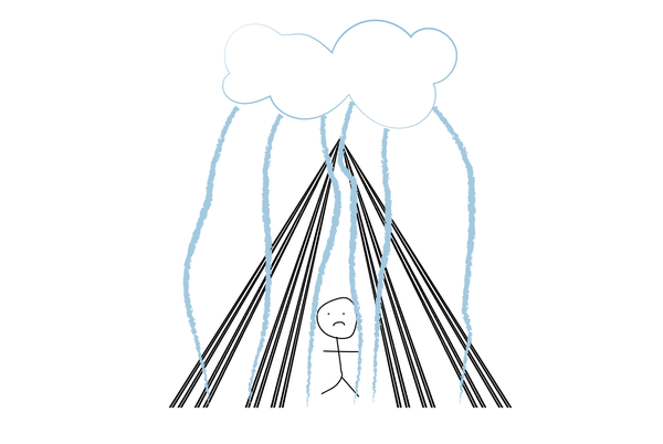 A stick figure stands under a series of black lines that form a triangle with the point over its head. Blue rain is falling through the lines, so the stick figure is frowning.