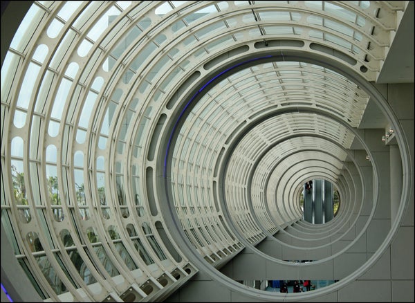 A view of the nested circles in the San Diego Convention Center through its windows