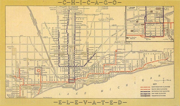 A 1913 map of Chicago showing some of the "L" lines