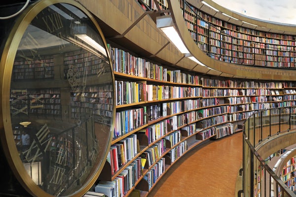 A photograph of shelves of books at the Stockholm Public Library