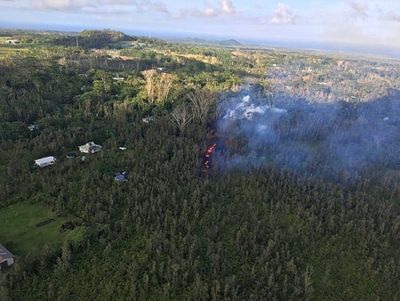 Image shows a firey fissure in amidst green trees and scattered homes.