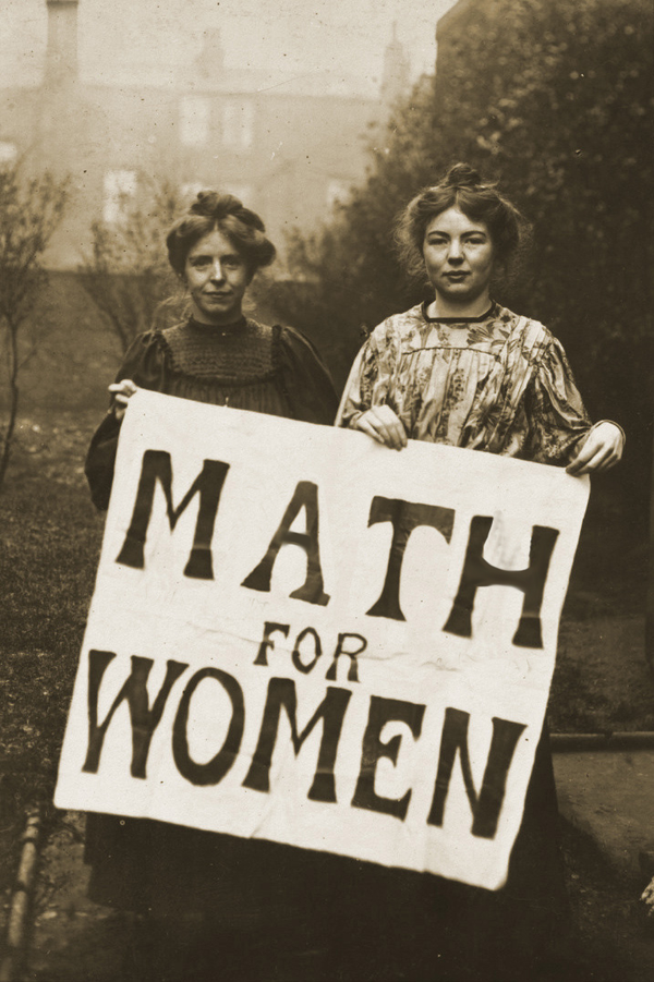 a sepia photograph of two women, Annie Kenney and Christabel Pankhurst, holding a sign that says "Math for women." (In the original photograph, it says "Votes for women.")