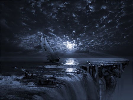 Image is a painting showing a sailing ship about to sail over the waterfalls at the edge of the world at night.