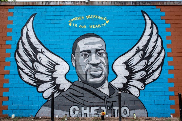A mural of George Floyd painted by the artists Donkeeboy and Donkeemom on the side of Scott Food Mart in Houston, Texas. Credit: Sergio Flores Getty Images