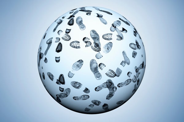 clear globe covered in dirty footprints