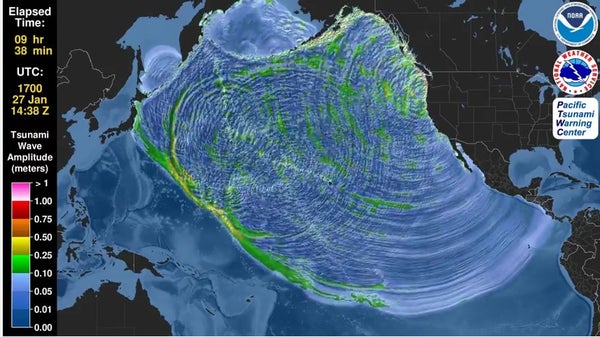 Image is a map of the west coast of North America, the Pacific Ocean, and Japan. The 1700 Cascadia earthquake tsunami is shows as a series of ripples spreading over the entire ocean.