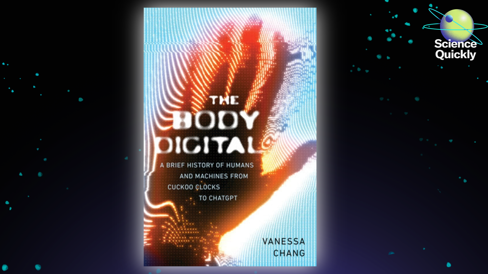An illustration of a book cover with a hand print on a starry dark background.