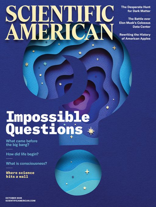 Cover of the October 2026 issue of Scientific American, showing a conceptual illustration of a blue question mark.