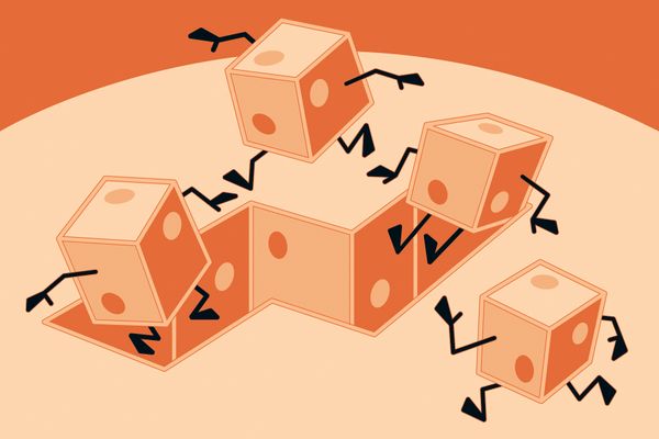 Cube-like structures with cartoon arms and legs starting to fill up a geometric hole.