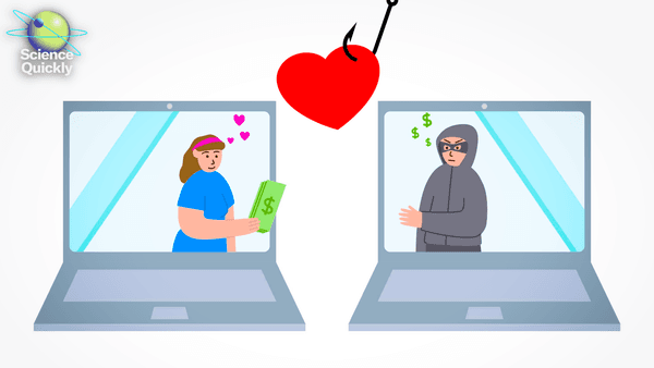 An illustration of a woman in love giving money to a swindler through the laptop
