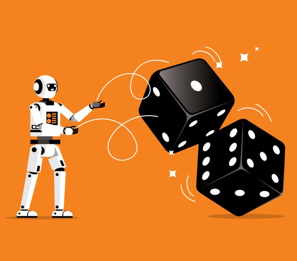 A white robot throws two large dice against a bright orange background.