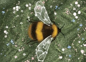 Illustration showing the overhead view of a bee in flight over a field of flowers by Masha Foya.