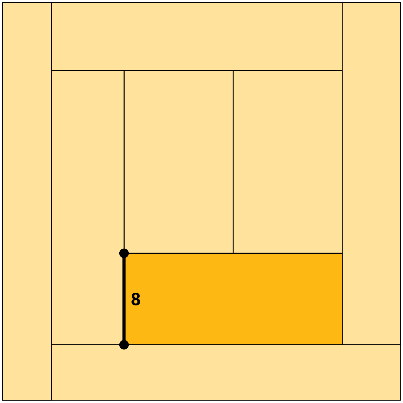 Graphic shows a light yellow square divided into eight rectangles that have varying dimensions but equal areas. One of the rectangles is highlighted in a darker yellow and one of its shorter sides is labeled with the number eight.