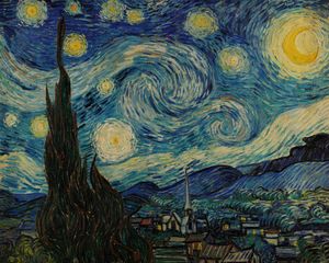 A painting of a cypress tree and prominent stars and moon in the sky.