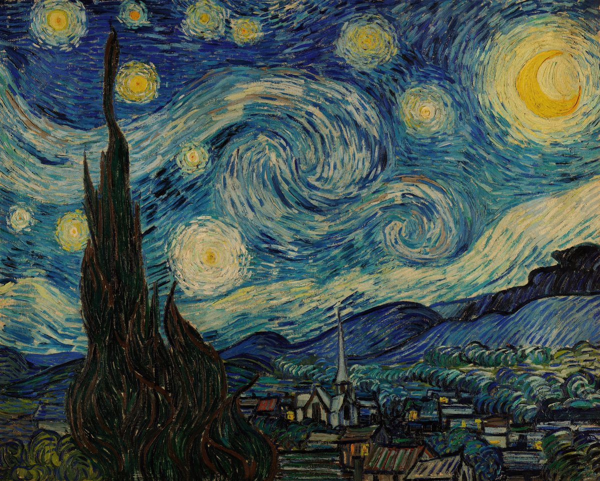 A painting of a cypress tree and prominent stars and moon in the sky.