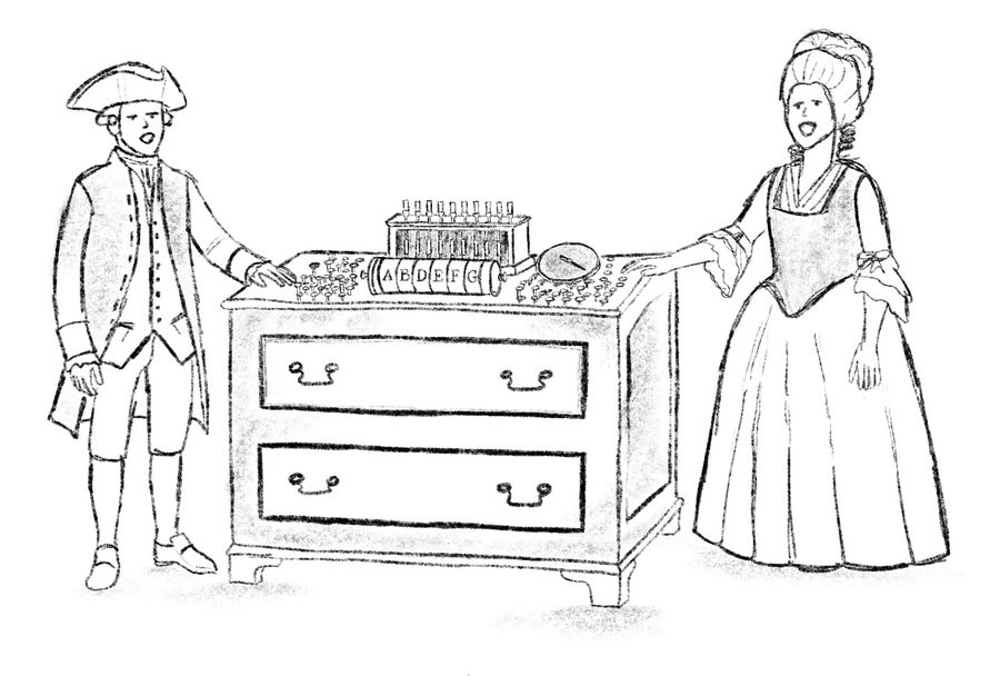 A drawing of a box with two drawers, with a mechanical device on top and two humanlike figures, one male and one female, on its sides.