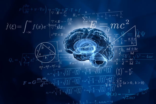A drawing of a human brain in blue surrounded by mathematical equations