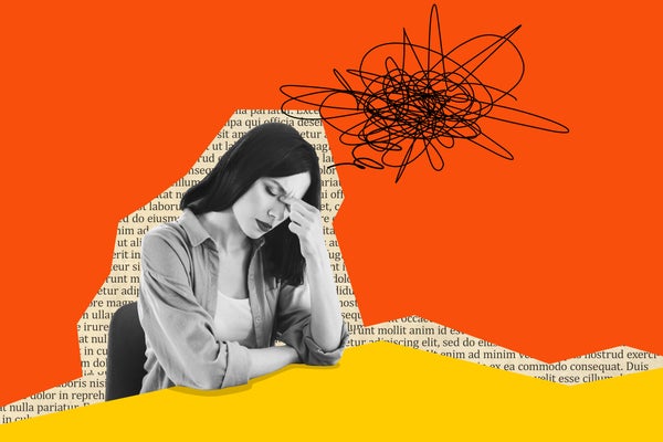 Composite artwork illustration of a tired person and bits of text