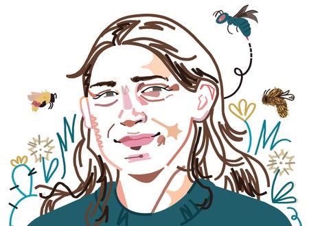 Portrait drawing of a woman surrounded by bees and plants.