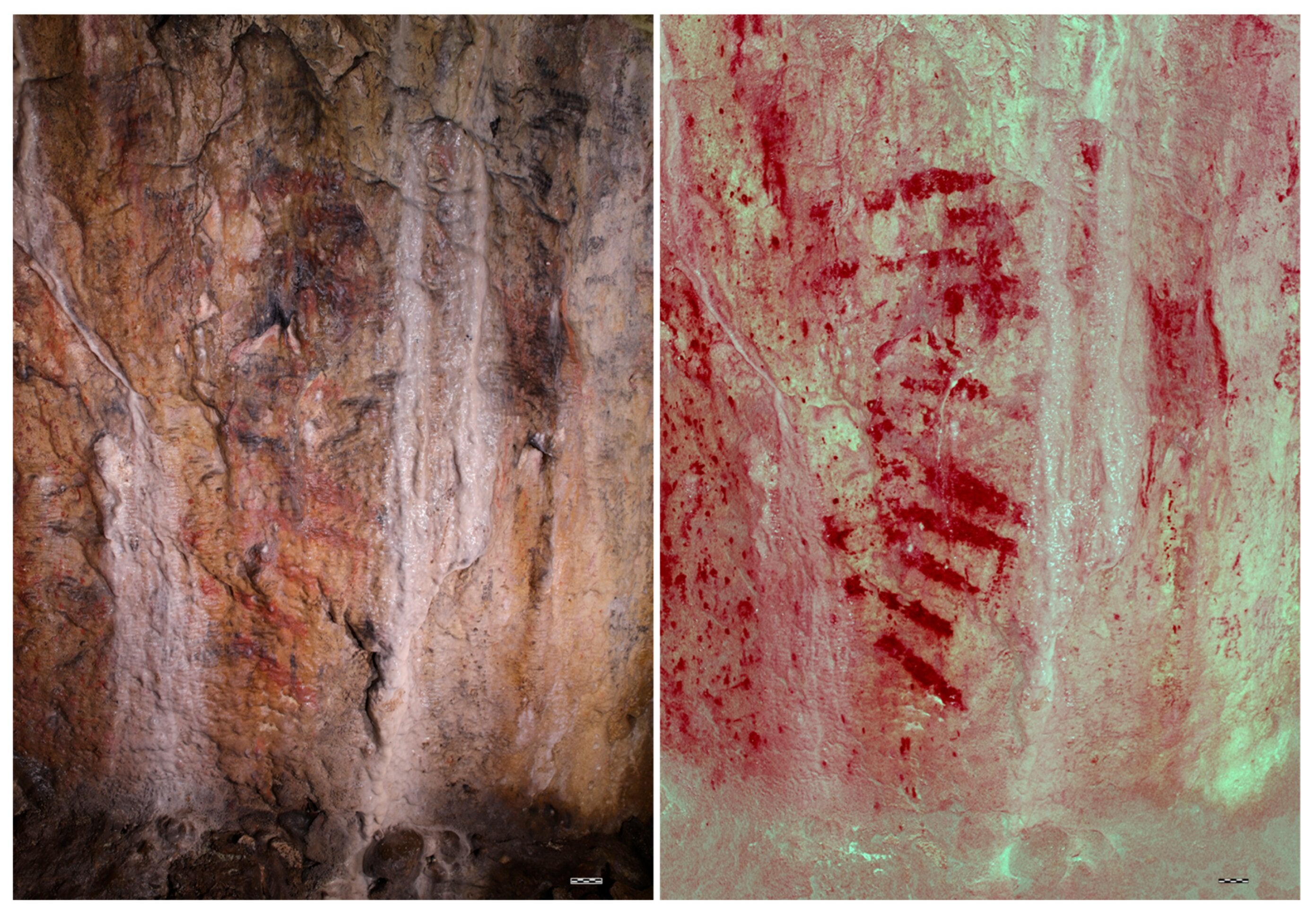 A panel in a cave in Wales 2024 (left). A D-Stretch filtered photograph of the panel in 2024 (right).