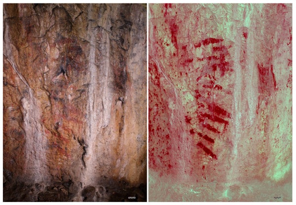 A panel in a cave in Wales 2024 (left). A D-Stretch filtered photograph of the panel in 2024 (right).