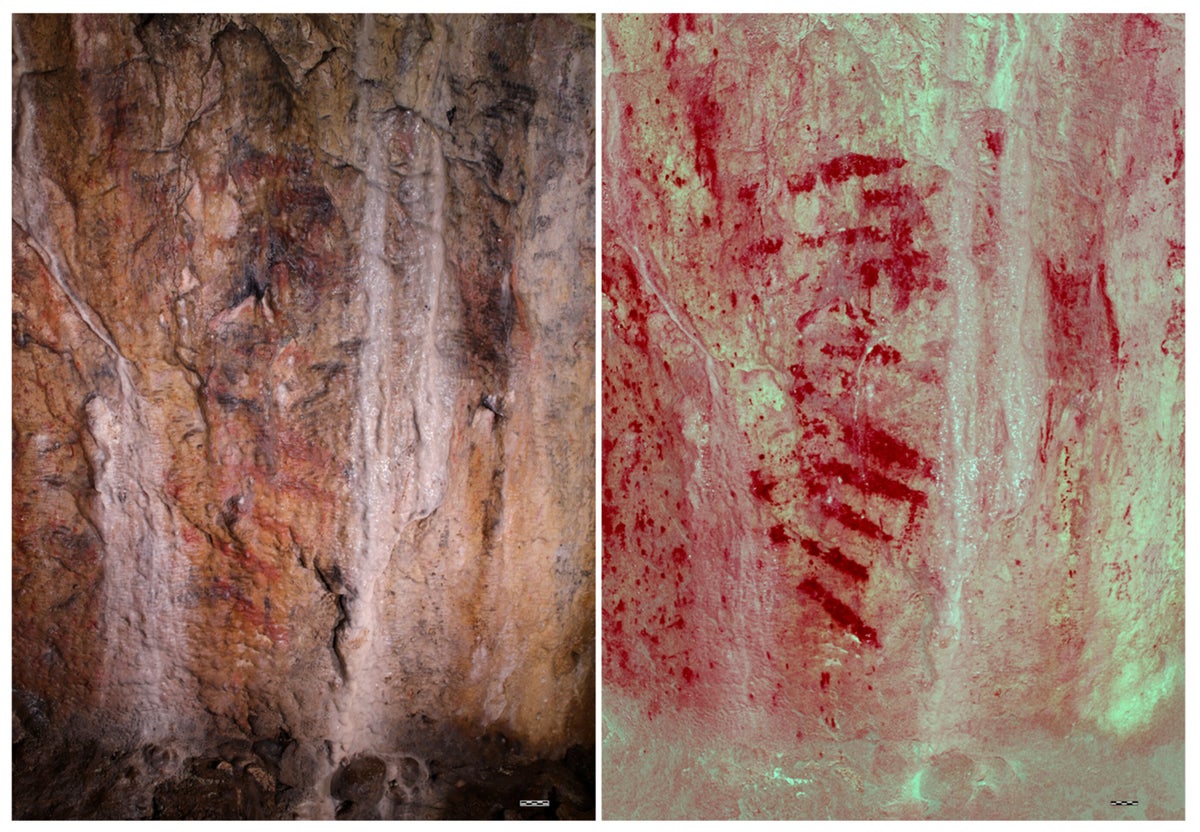 A panel in a cave in Wales 2024 (left). A D-Stretch filtered photograph of the panel in 2024 (right).