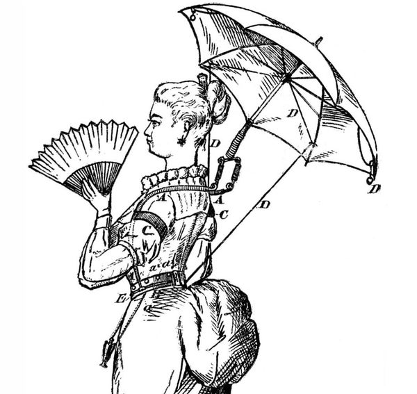 Line drawing diagram of a woman wearing a late 1800s outfit demonstrating the invention of an umbrella supporter with the use of rods and elastic straps. Image from Scientific American archive, Vol. 35, No. 3; July 15, 1876.