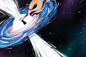 An illustration of a hand reaching from deep space to turn a key inside a keyhole on a glowing white celestial body, encircled by a swirling, colorful accretion disk emitting bright beams of light.