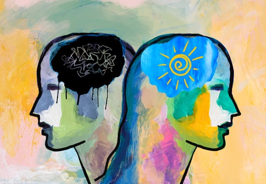 A conceptual illustration of metal health showing two faces in profile, one with a sun and the other with a scribble