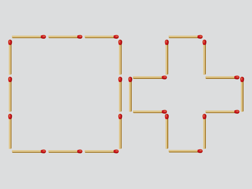 Graphic shows two sets of 12 matchsticks arranged into outlines of shapes. One set forms a square, and the other set forms a cross.