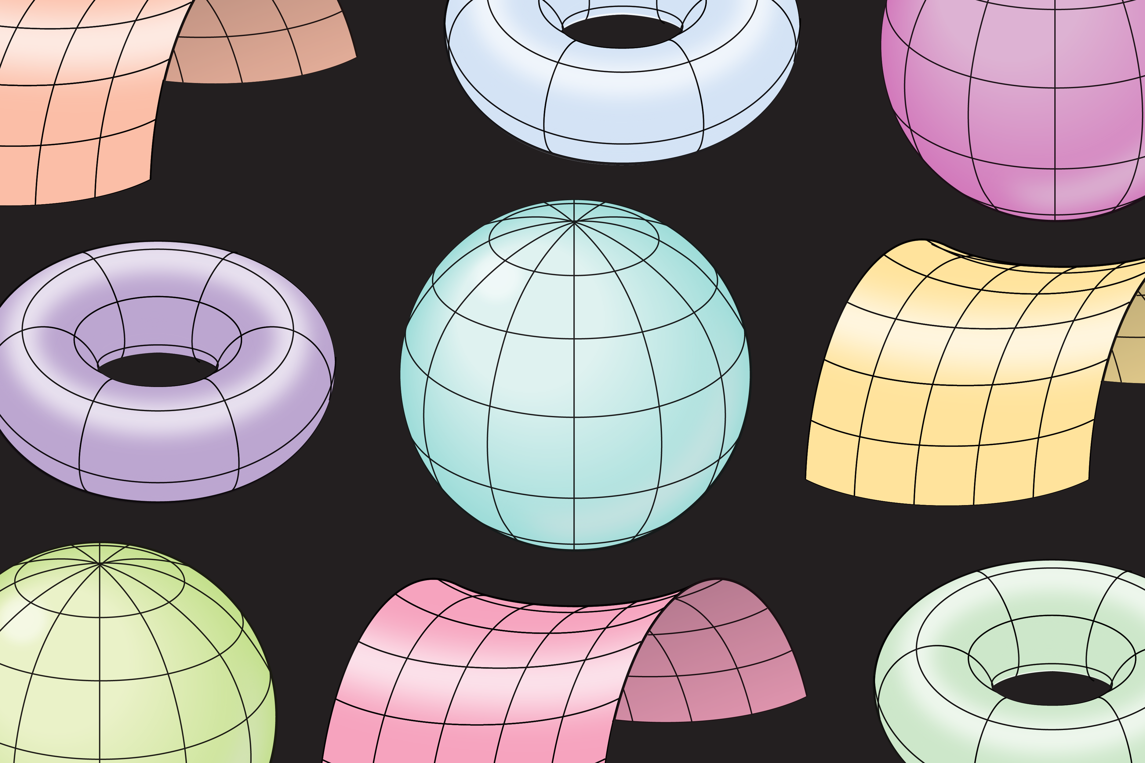 An array of repeating multicolored spheres, doughnuts, and saddle shapes arranged on a black background.