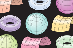 An array of repeating multicolored spheres, doughnuts, and saddle shapes arranged on a black background.