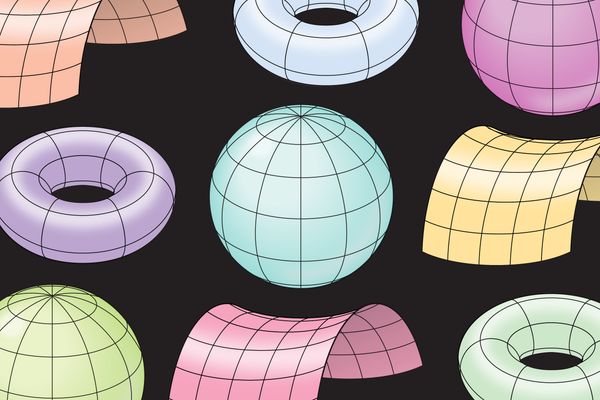 An array of repeating multicolored spheres, doughnuts, and saddle shapes arranged on a black background.