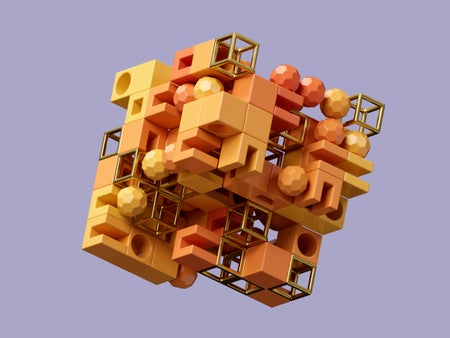 An orange cube resembling a puzzle, suspended in space against a lavender background.