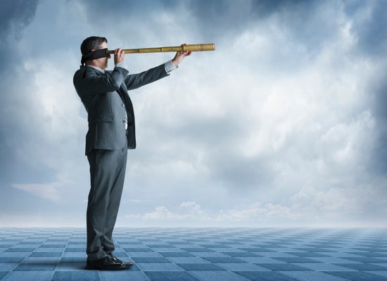 A blindfolded man seen in profile attempts to gaze into the distance through a spyglass. Ominous clouds fill the background.