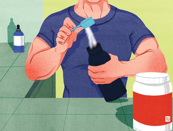 Illustration of a muscular man pouring a powder into a bottle.