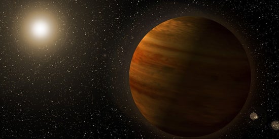 An artist's depiction of a vibrant planet orbiting a bright star in a cosmic landscape.
