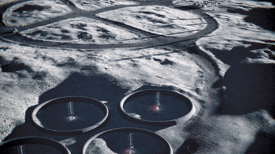 An illustration of a proposed moon base powered by a nuclear reactor for NASA’s Artemis program.