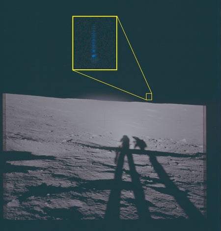 This archival photograph depicts the lunar surface as viewed from the landing site of Apollo 12. This image features a highlighted area of interest slightly to the right of the vertical axis of the frame, above the horizon, in which unidentified phenomena are visible.