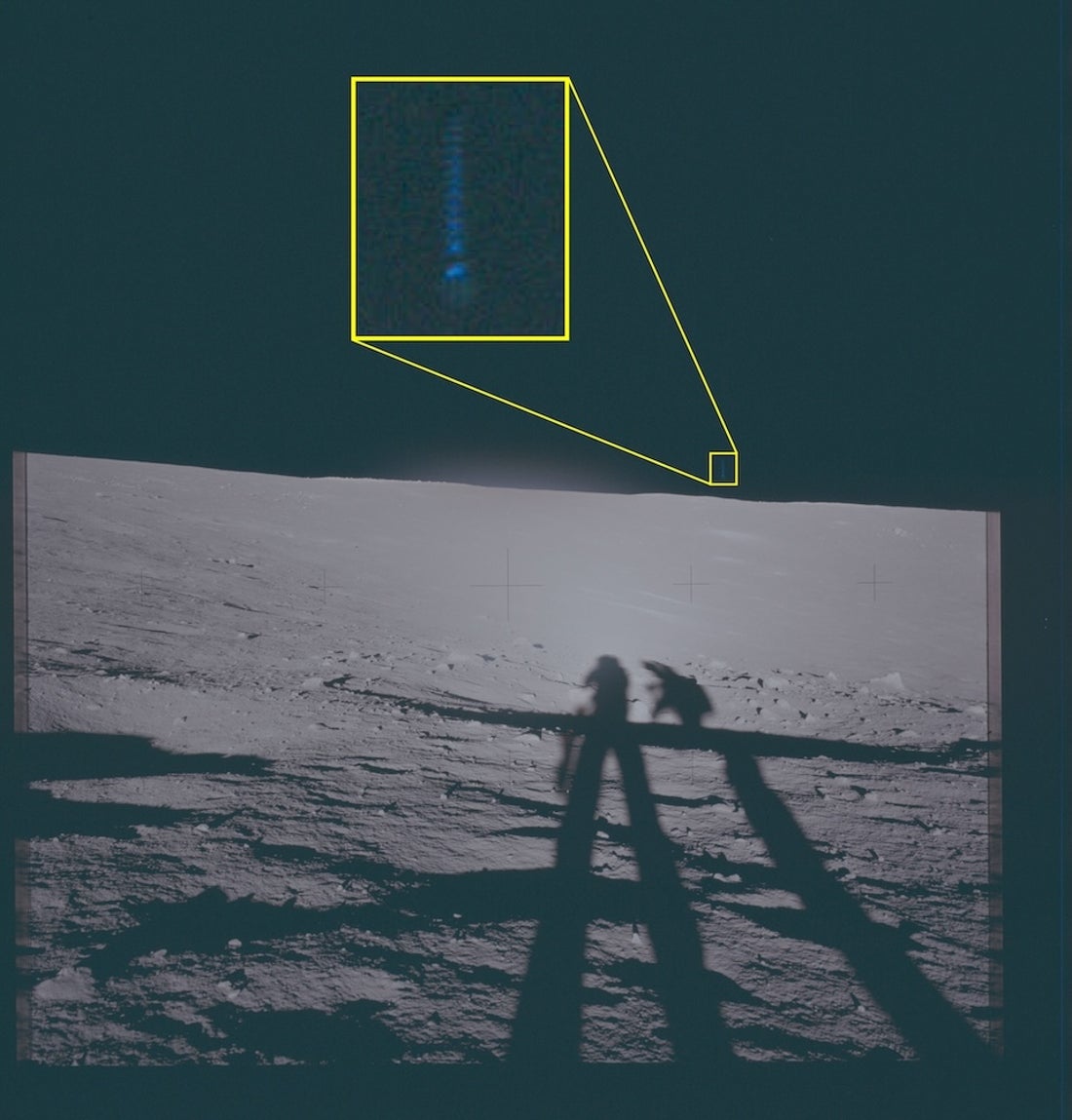This archival photograph depicts the lunar surface as viewed from the landing site of Apollo 12. This image features a highlighted area of interest slightly to the right of the vertical axis of the frame, above the horizon, in which unidentified phenomena are visible.